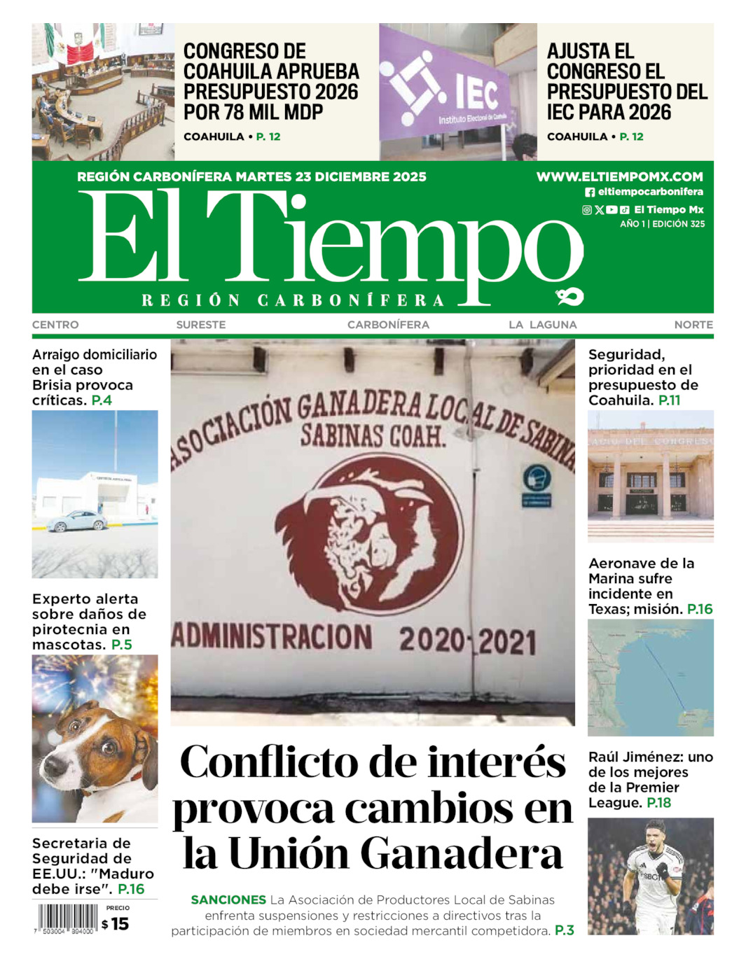 Edición impresa: Portada del martes 23 de diciembre de 2025, El Tiempo región <strong>Carbonífera</strong>