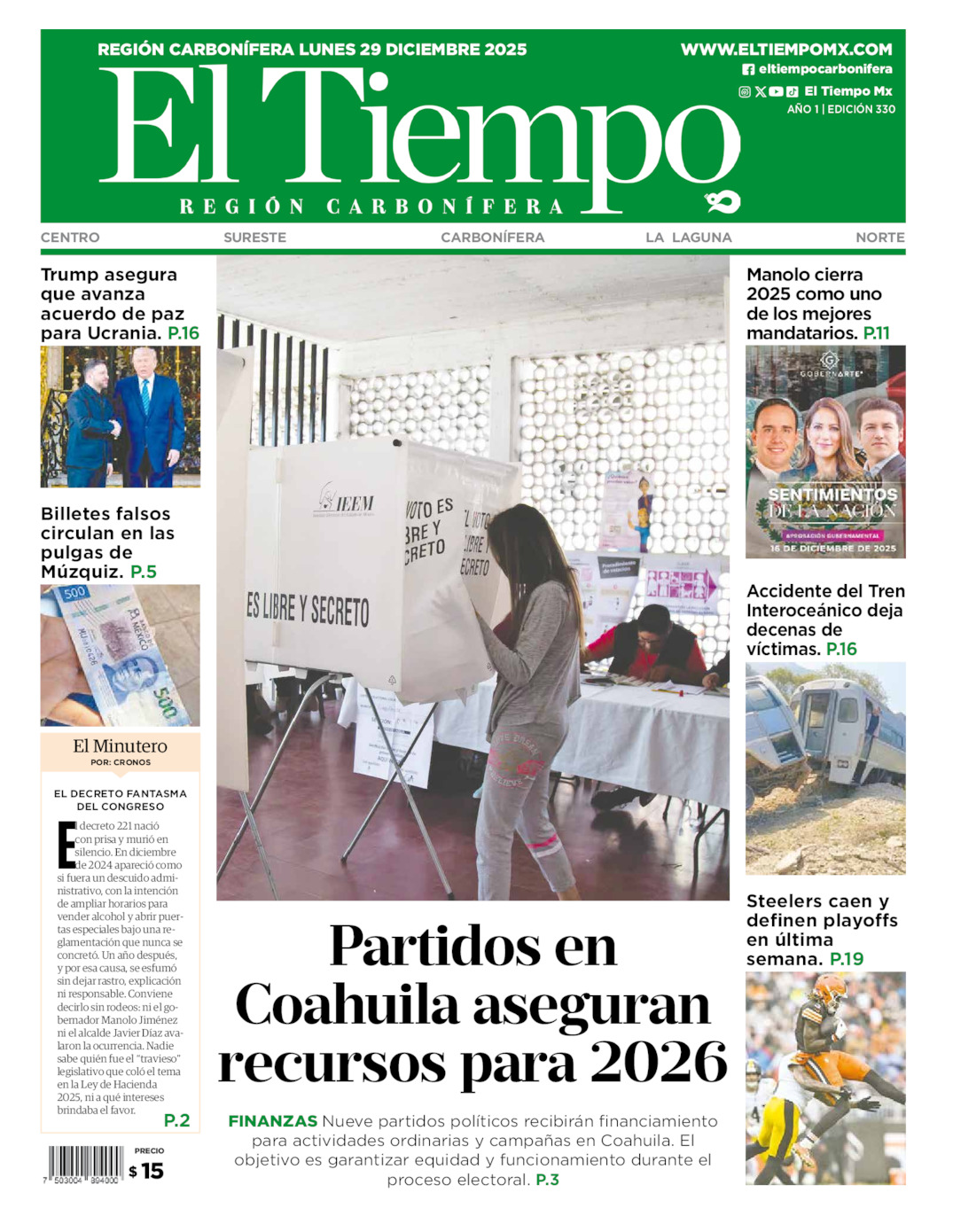 Edición impresa: Portada del lunes 29 de diciembre de 2025, El Tiempo región <strong>Carbonífera</strong>