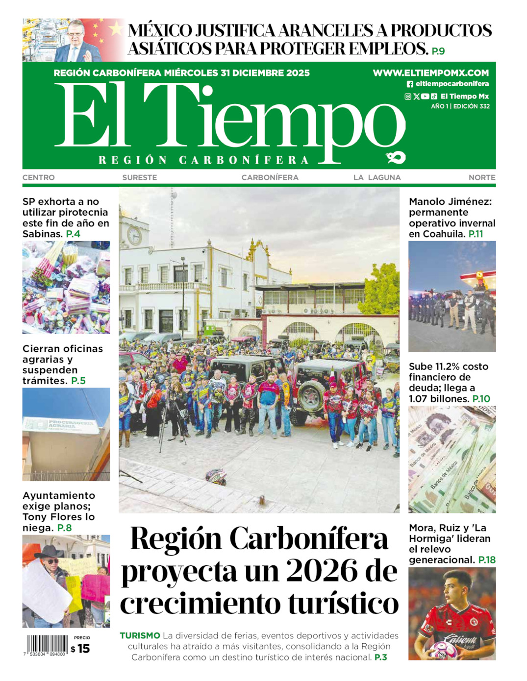 Edición impresa: Portada del miércoles 31 de diciembre de 2025, El Tiempo región <strong>Carbonífera</strong>