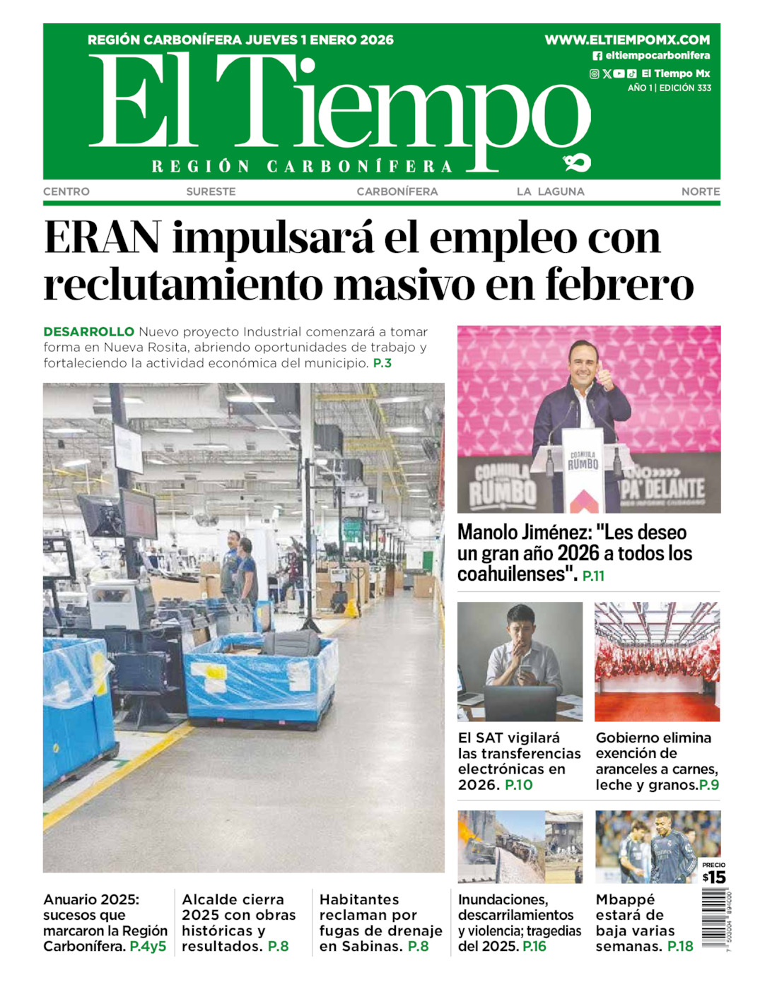 Edición impresa: Portada del jueves 01 de enero de 2026, El Tiempo región <strong>Carbonífera</strong>