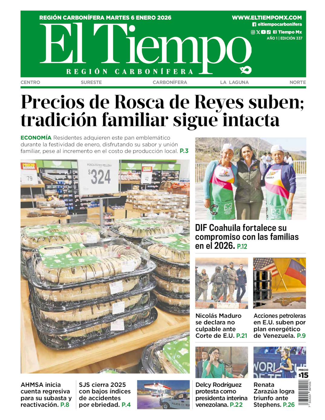 Edición impresa: Portada del martes 06 de enero de 2026, El Tiempo región <strong>Carbonífera</strong>