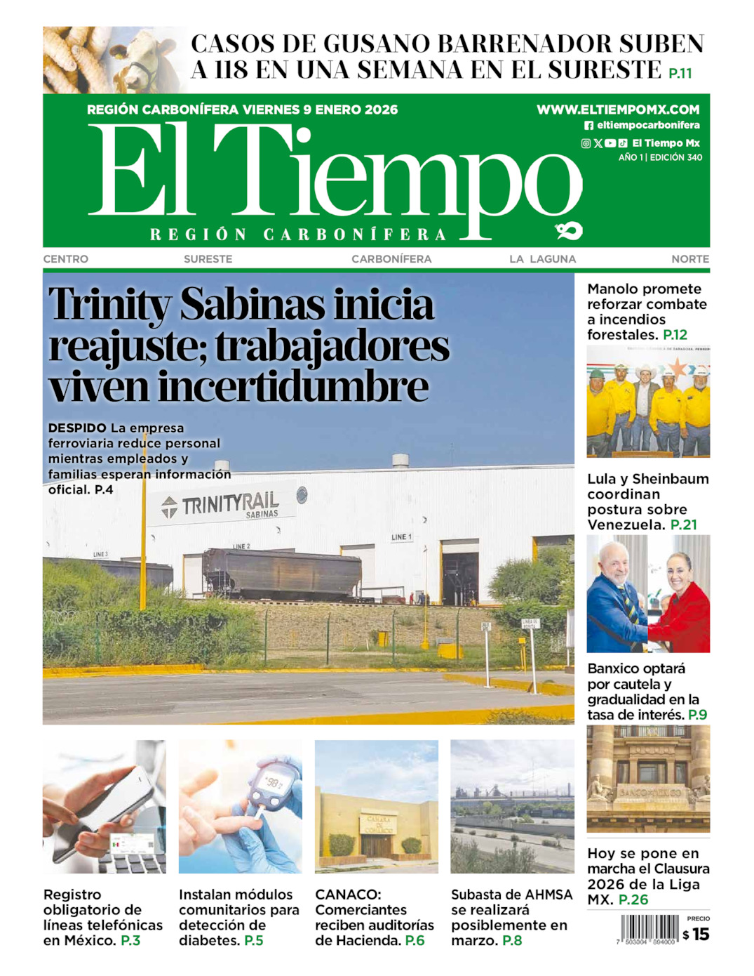 Edición impresa: Portada del viernes 09 de enero de 2026, El Tiempo región <strong>Carbonífera</strong>