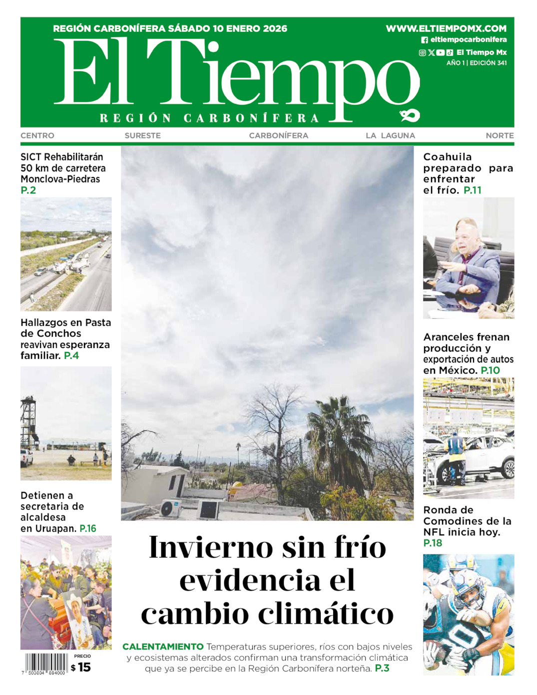 Edición impresa: Portada del sábado 10 de enero de 2026, El Tiempo región <strong>Carbonífera</strong>