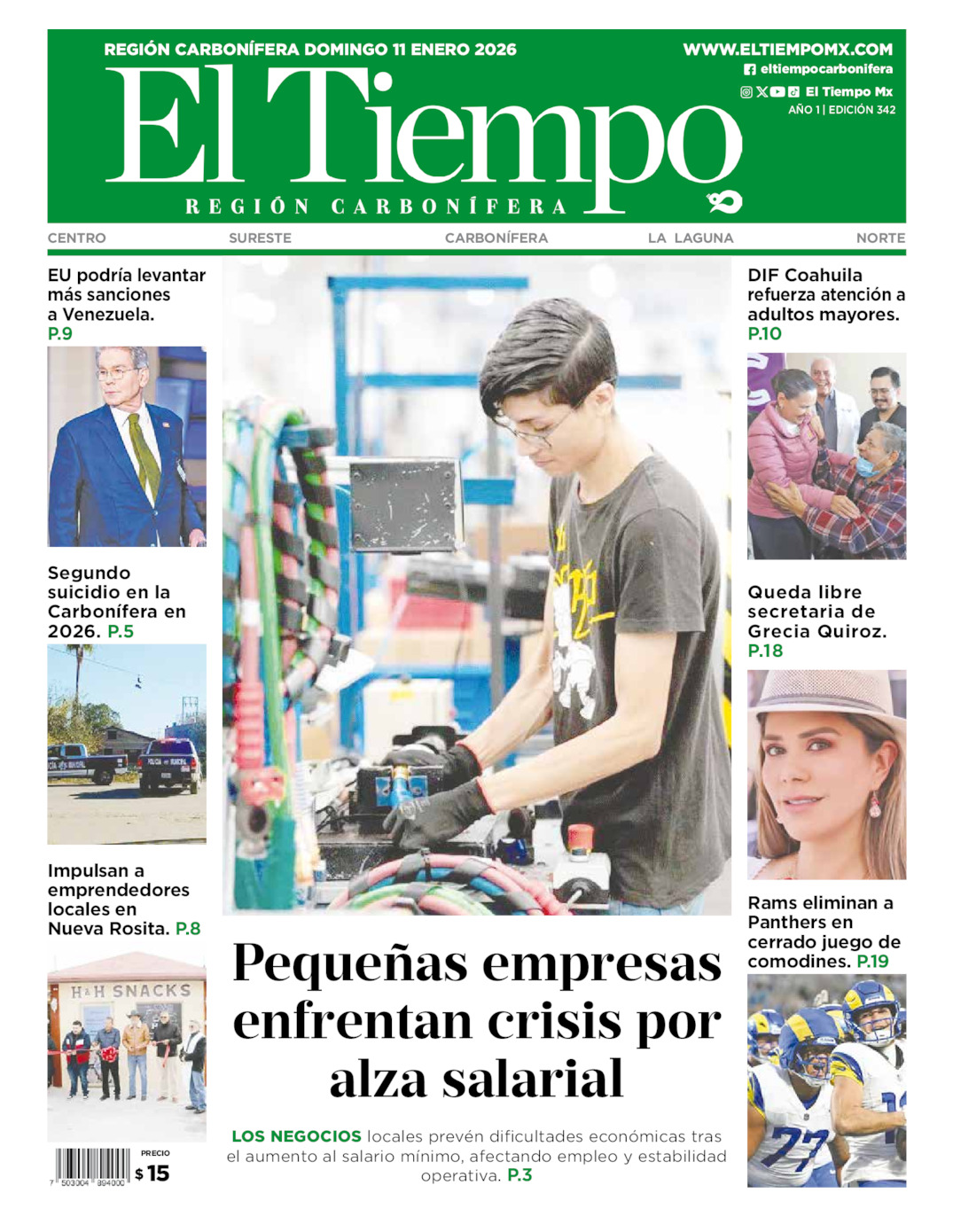 Edición impresa: Portada del domingo 11 de enero de 2026, El Tiempo región <strong>Carbonífera</strong>