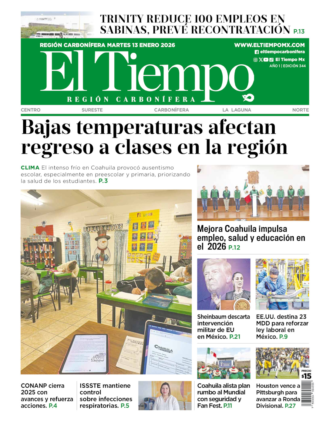 Edición impresa: Portada del martes 13 de enero de 2026, El Tiempo región <strong>Carbonífera</strong>