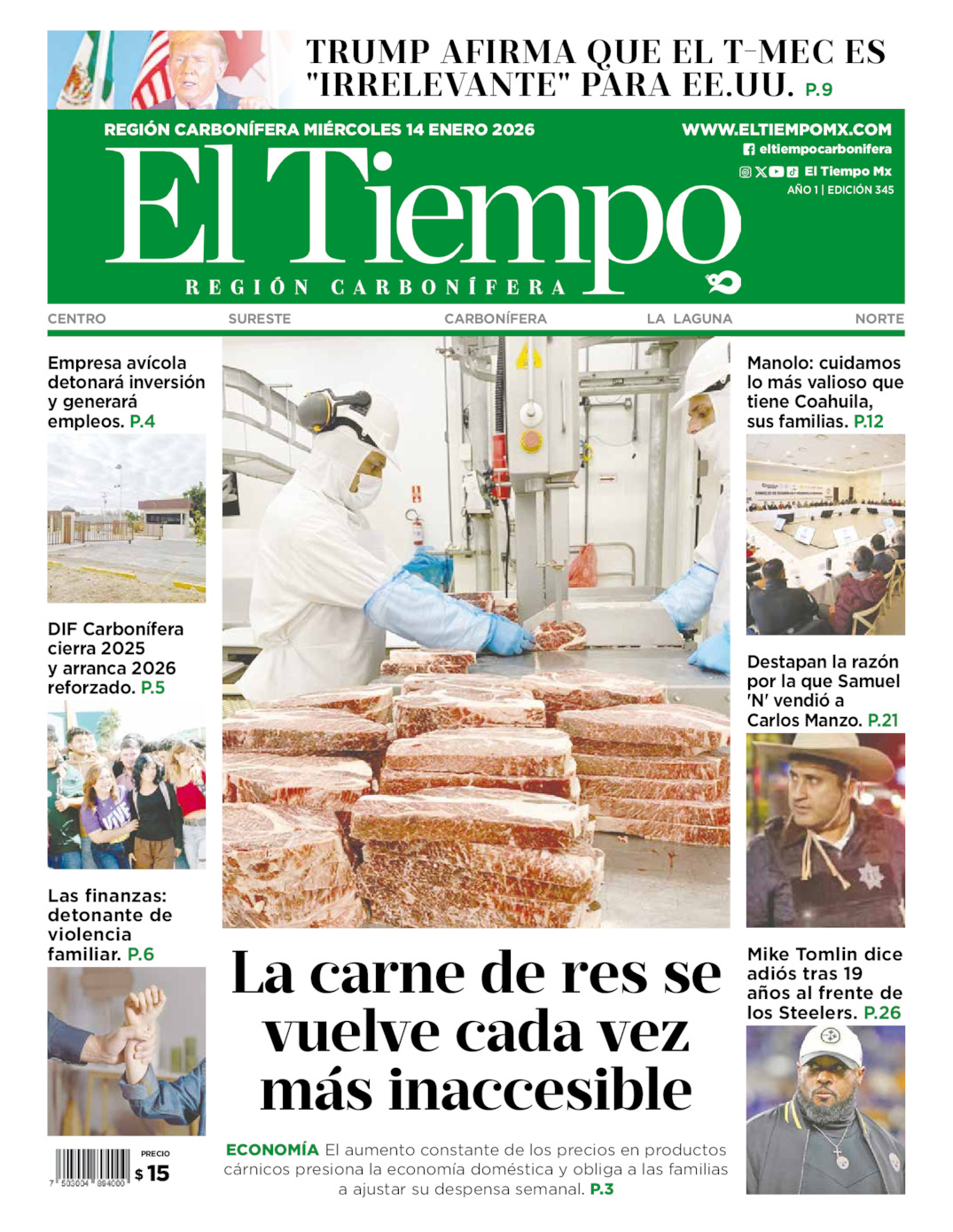 Edición impresa: Portada del miércoles 14 de enero de 2026, El Tiempo región <strong>Carbonífera</strong>