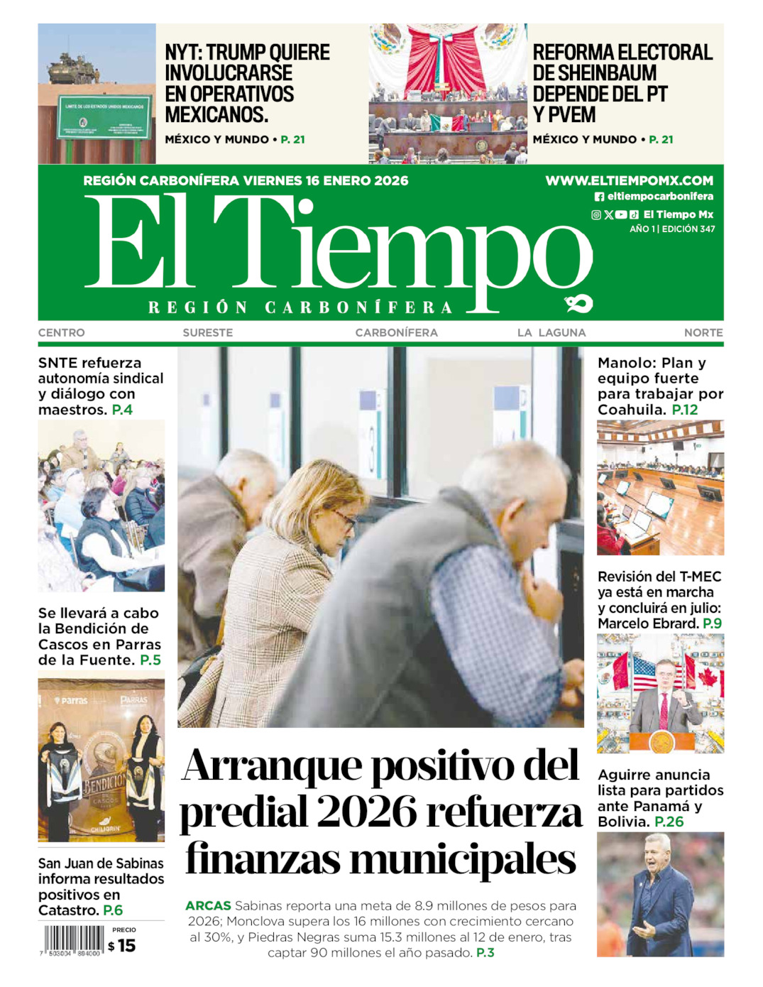 Edición impresa: Portada del viernes 16 de enero de 2026, El Tiempo región <strong>Carbonífera</strong>