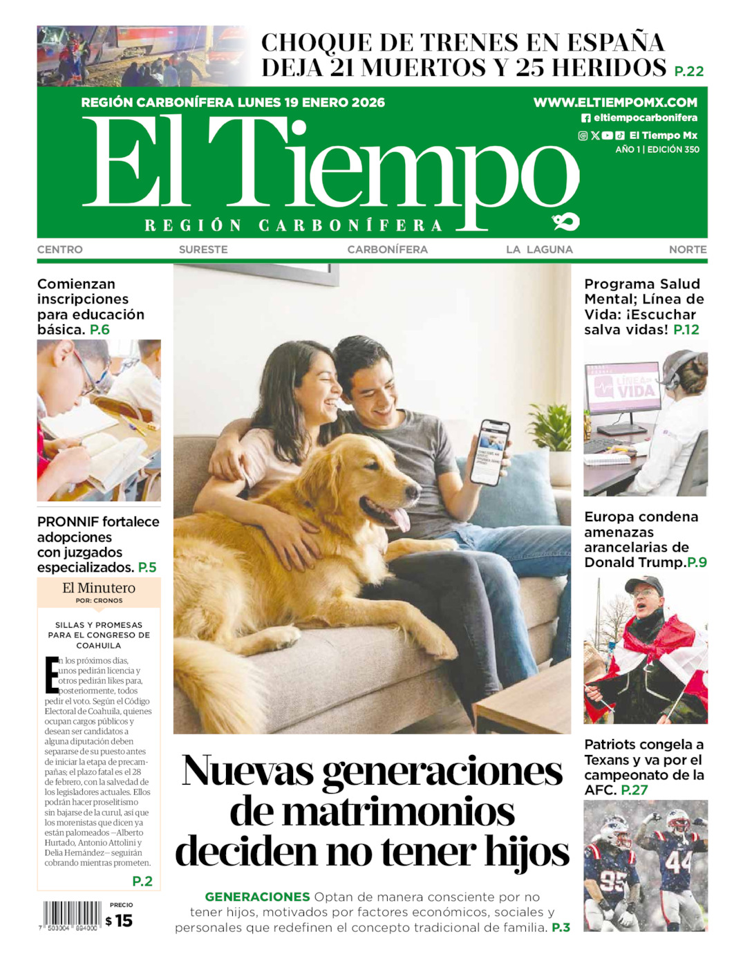 Edición impresa: Portada del lunes 19 de enero de 2026, El Tiempo región <strong>Carbonífera</strong>