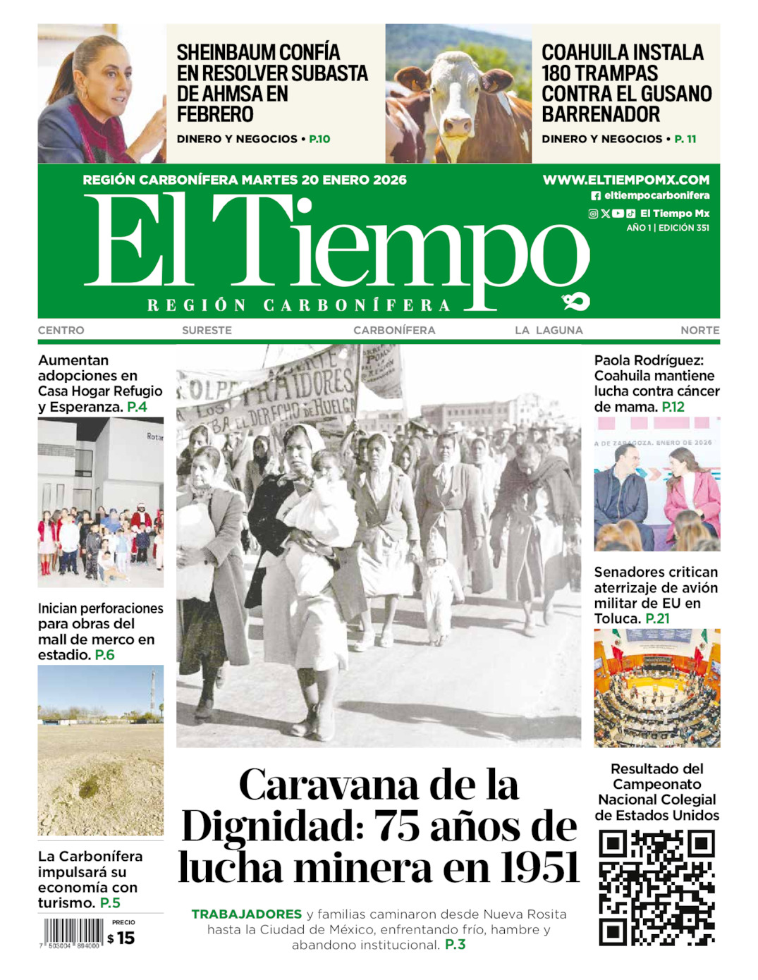 Edición impresa: Portada del martes 20 de enero de 2026, El Tiempo región <strong>Carbonífera</strong>
