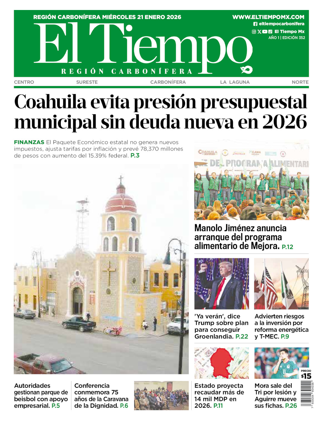 Edición impresa: Portada del miércoles 21 de enero de 2026, El Tiempo región <strong>Carbonífera</strong>