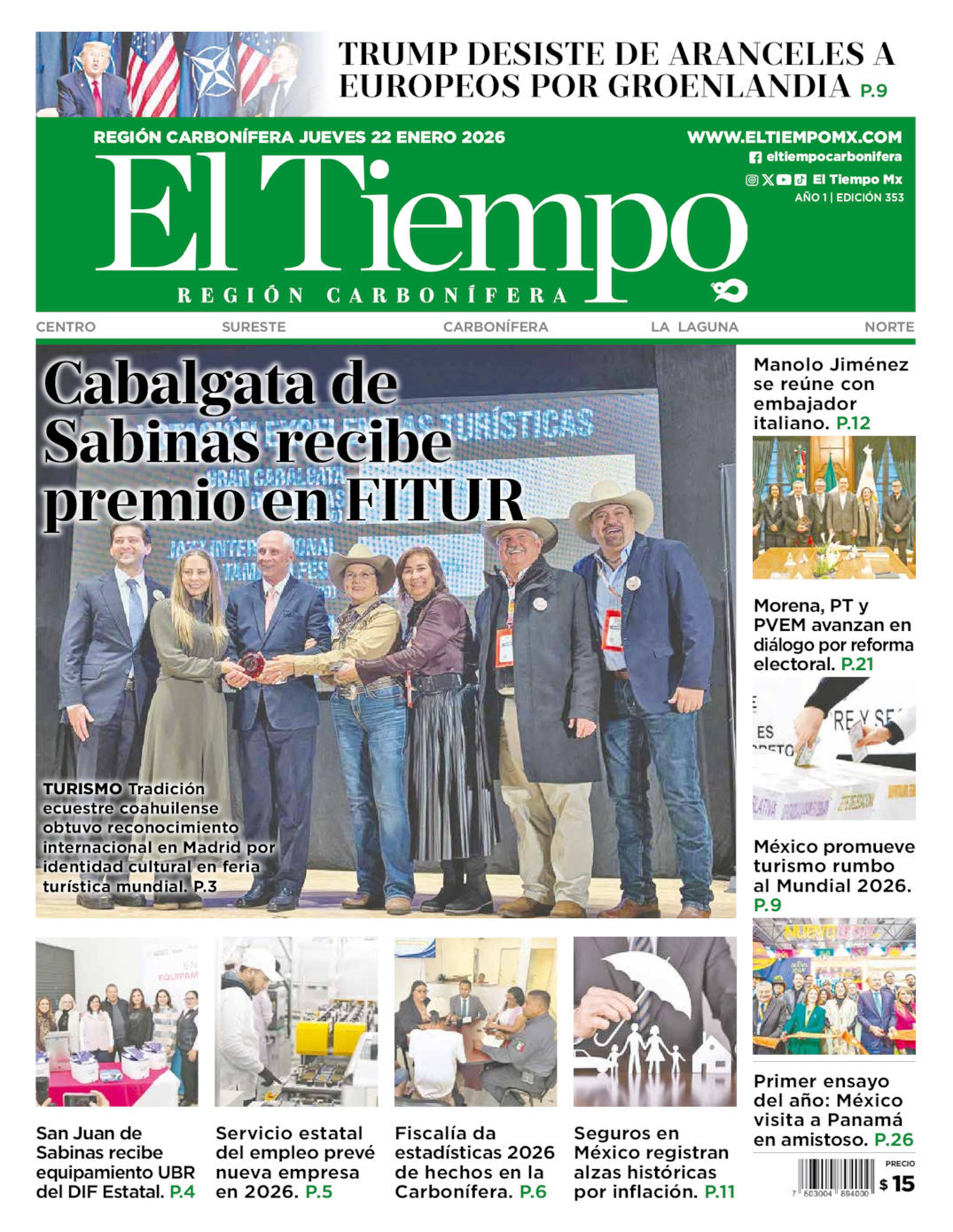 Edición impresa: Portada del jueves 22 de enero de 2026, El Tiempo región <strong>Carbonífera</strong>