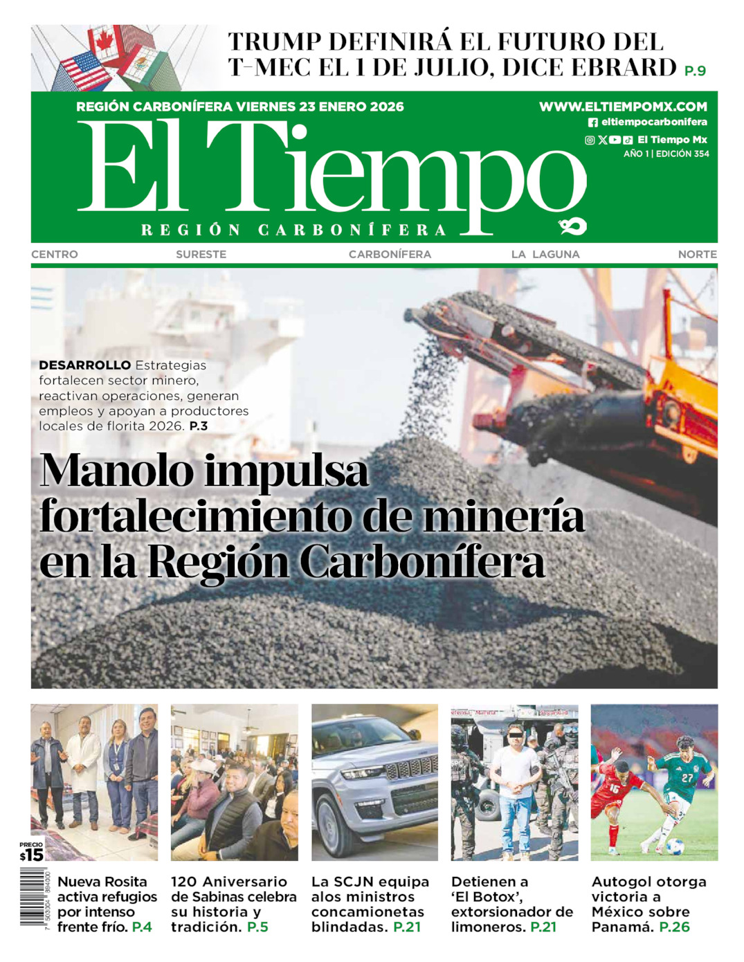Edición impresa: Portada del viernes 23 de enero de 2026, El Tiempo región <strong>Carbonífera</strong>
