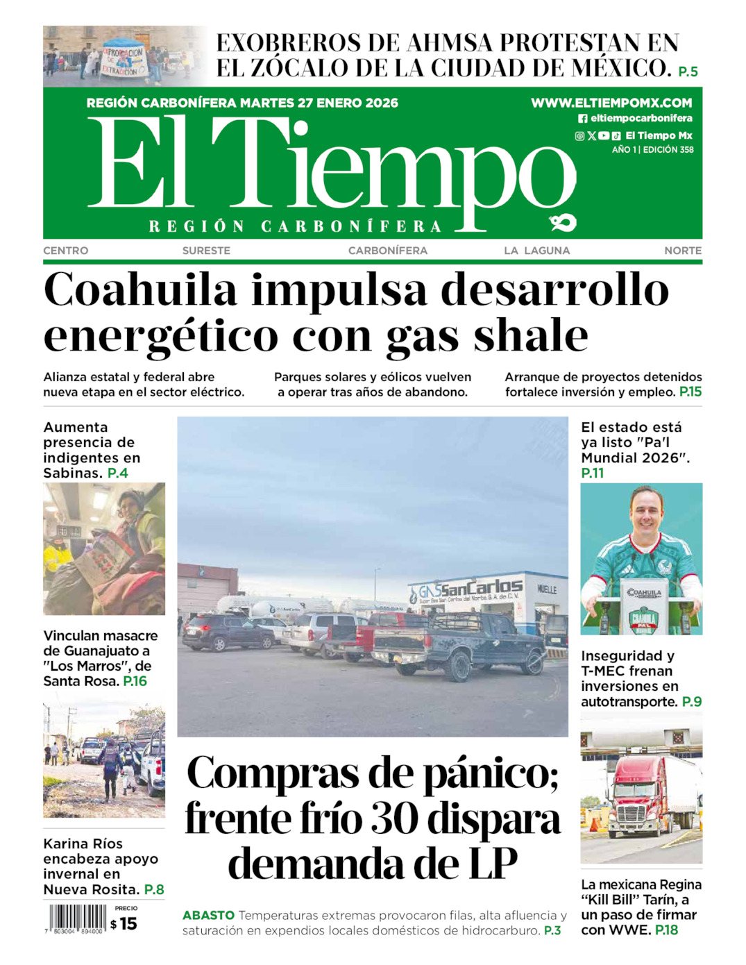 Edición impresa: Portada del martes 27 de enero de 2026, El Tiempo región <strong>Carbonífera</strong>