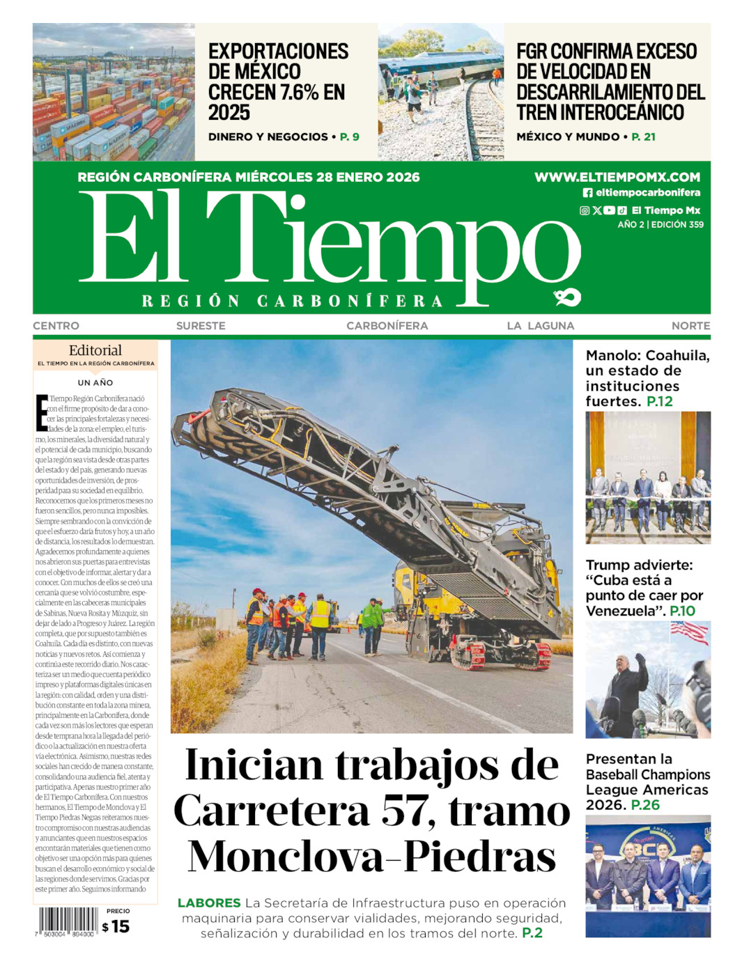 Edición impresa: Portada del miércoles 28 de enero de 2026, El Tiempo región <strong>Carbonífera</strong>