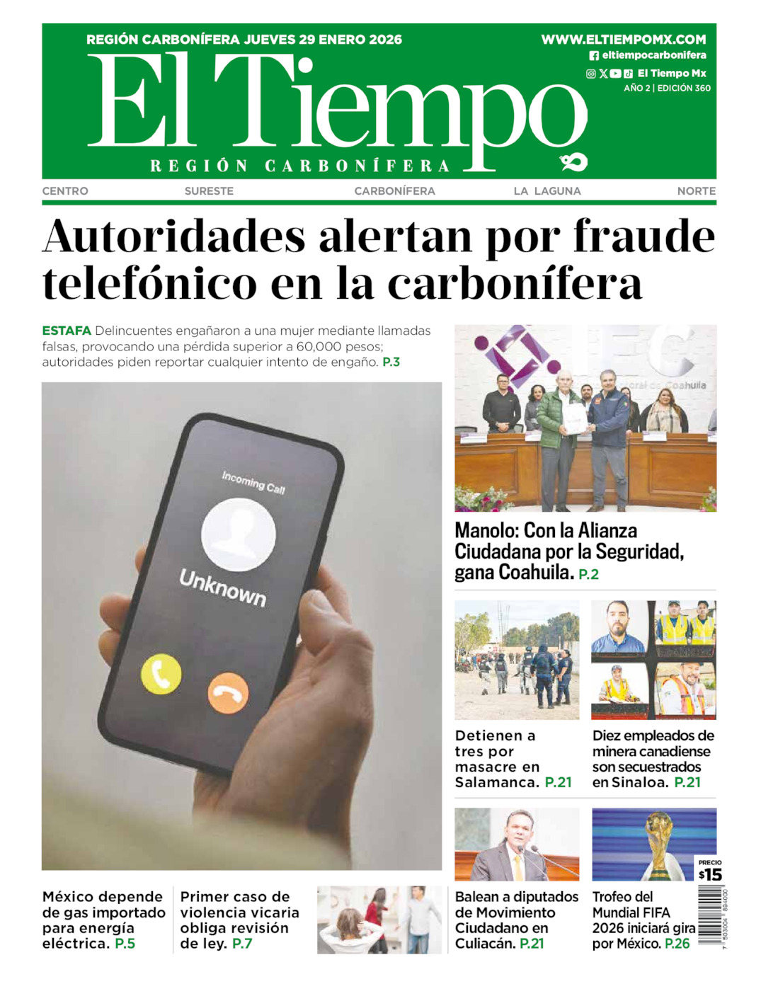 Edición impresa: Portada del jueves 29 de enero de 2026, El Tiempo región <strong>Carbonífera</strong>