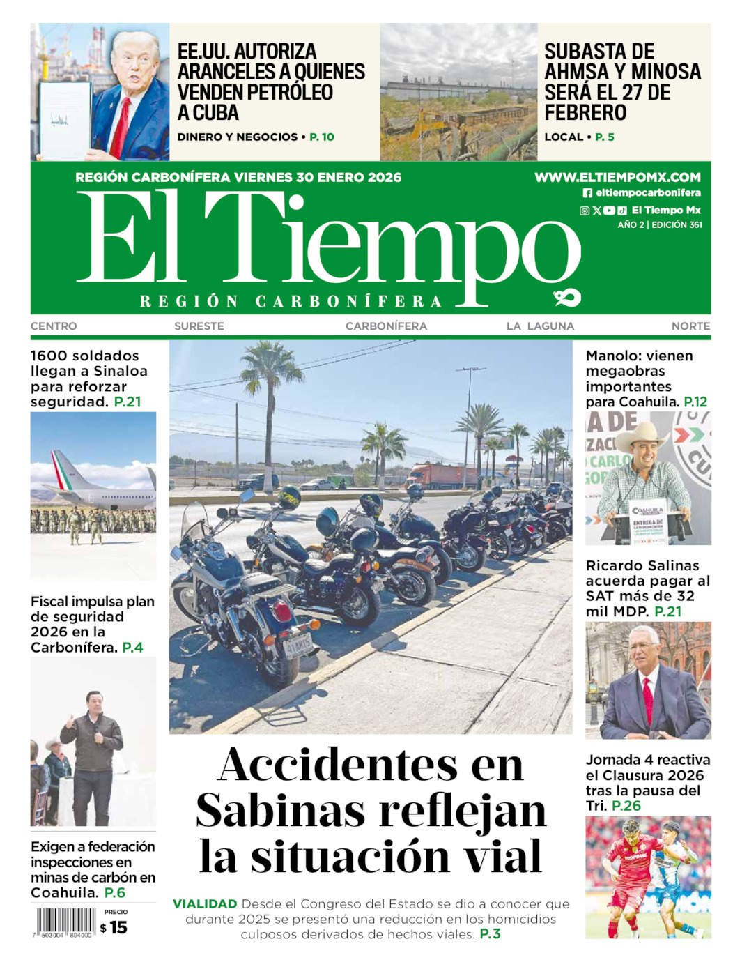 Edición impresa: Portada del viernes 30 de enero de 2026, El Tiempo región <strong>Carbonífera</strong>