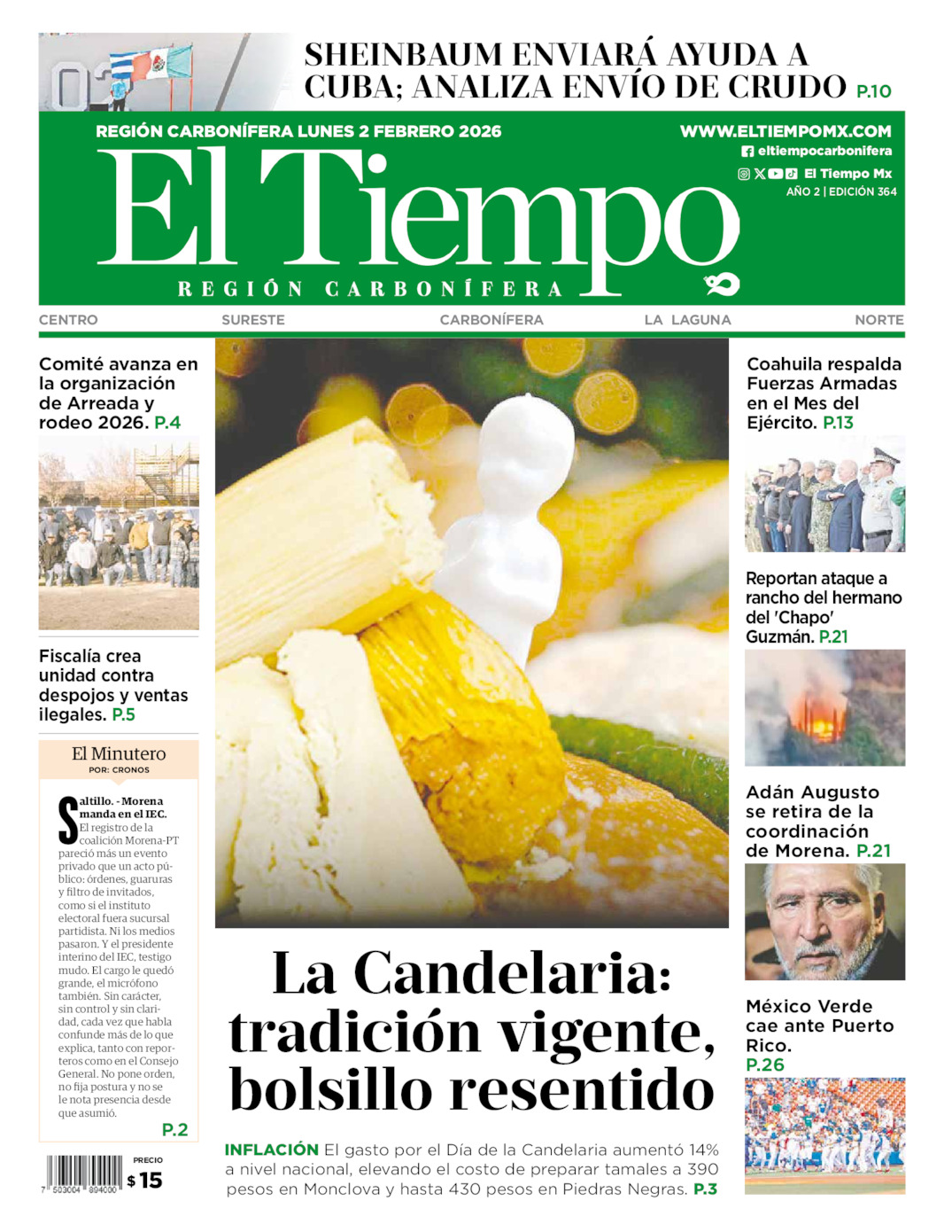 Edición impresa: Portada del lunes 02 de febrero de 2026, El Tiempo región <strong>Carbonífera</strong>