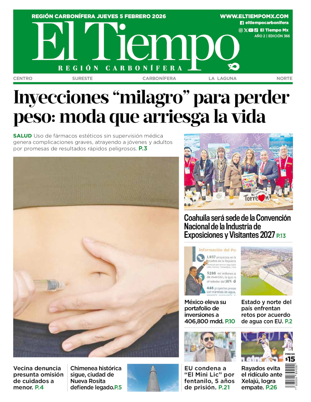 Edición impresa: Portada del jueves 05 de febrero de 2026, El Tiempo región <strong>Carbonífera</strong>