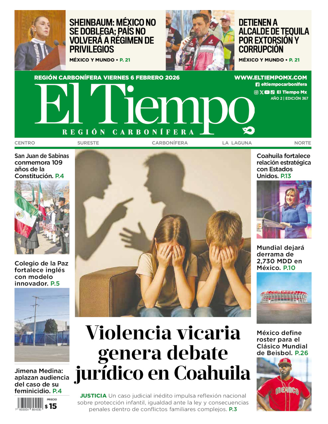 Edición impresa: Portada del viernes 06 de febrero de 2026, El Tiempo región <strong>Carbonífera</strong>