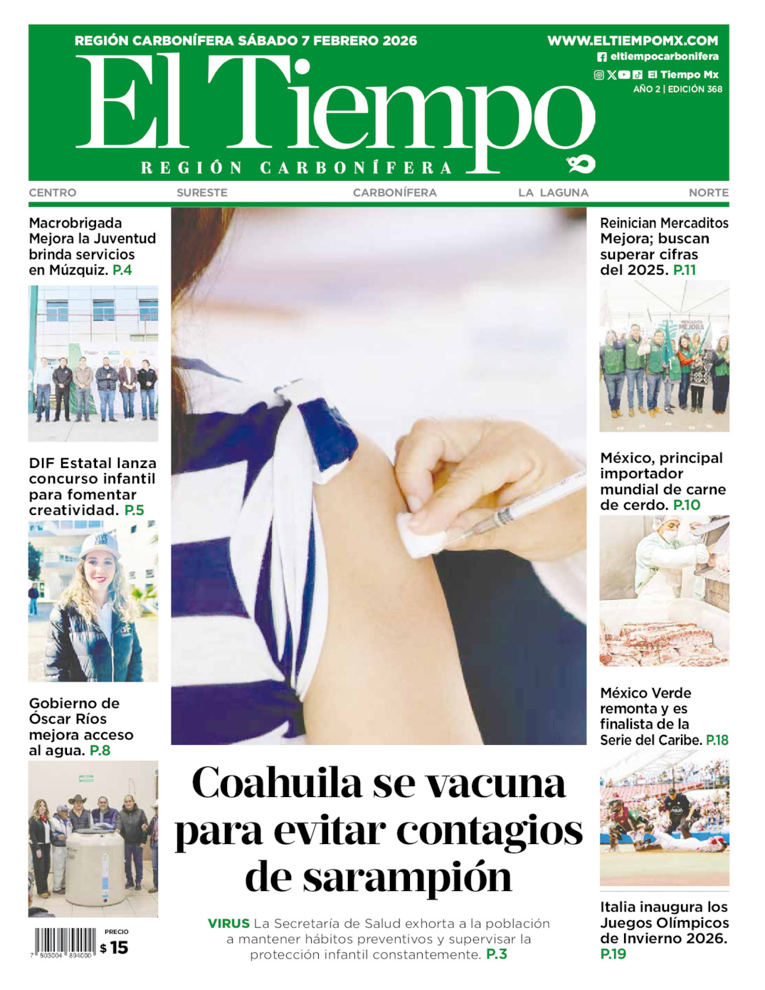 Edición impresa: Portada del sábado 07 de febrero de 2026, El Tiempo región <strong>Carbonífera</strong>