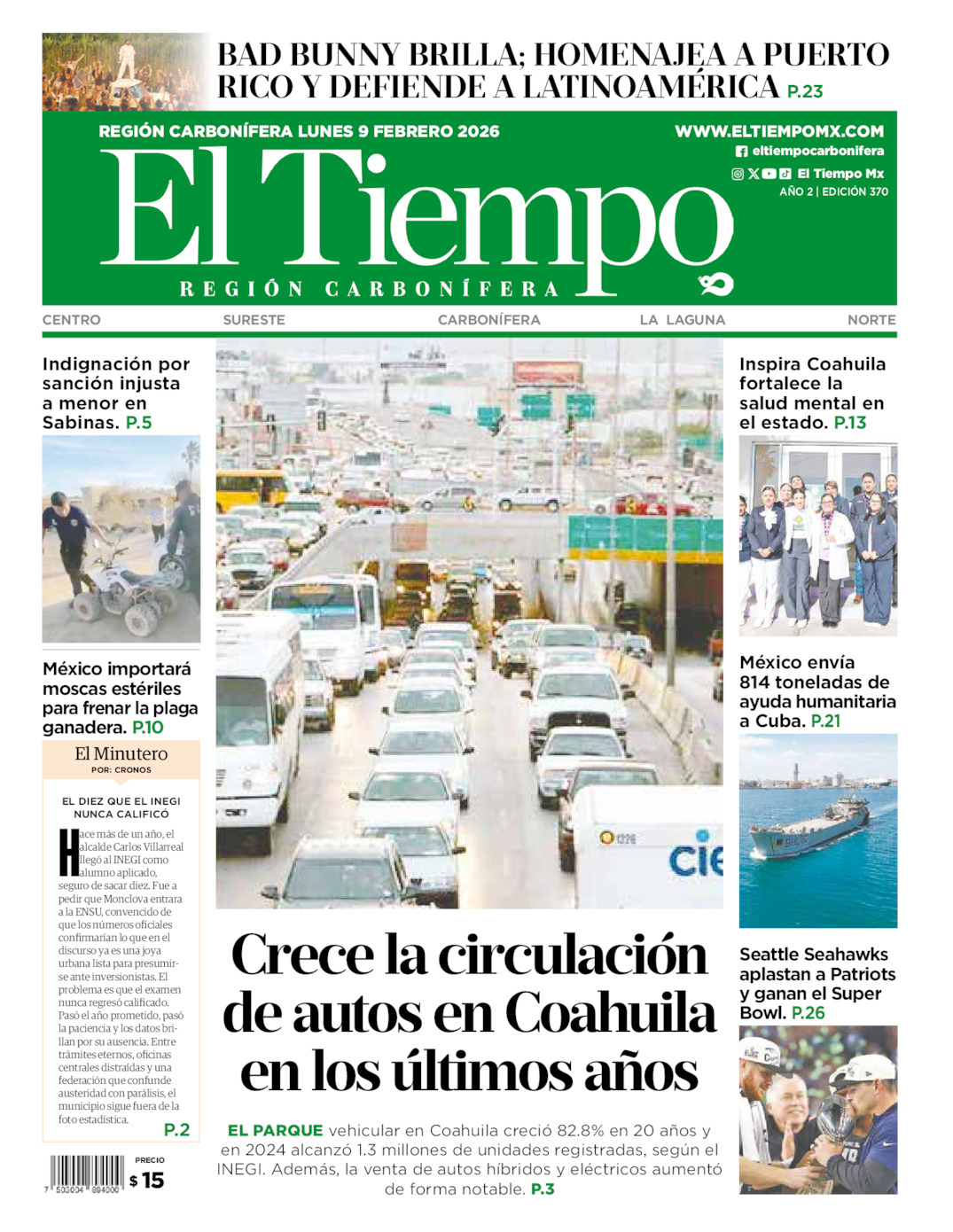 Edición impresa: Portada del lunes 09 de febrero de 2026, El Tiempo región <strong>Carbonífera</strong>