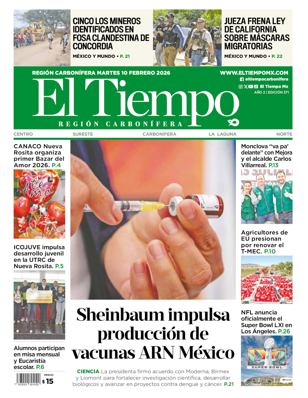Edición impresa: Portada del martes 10 de febrero de 2026, El Tiempo región <strong>Carbonífera</strong>