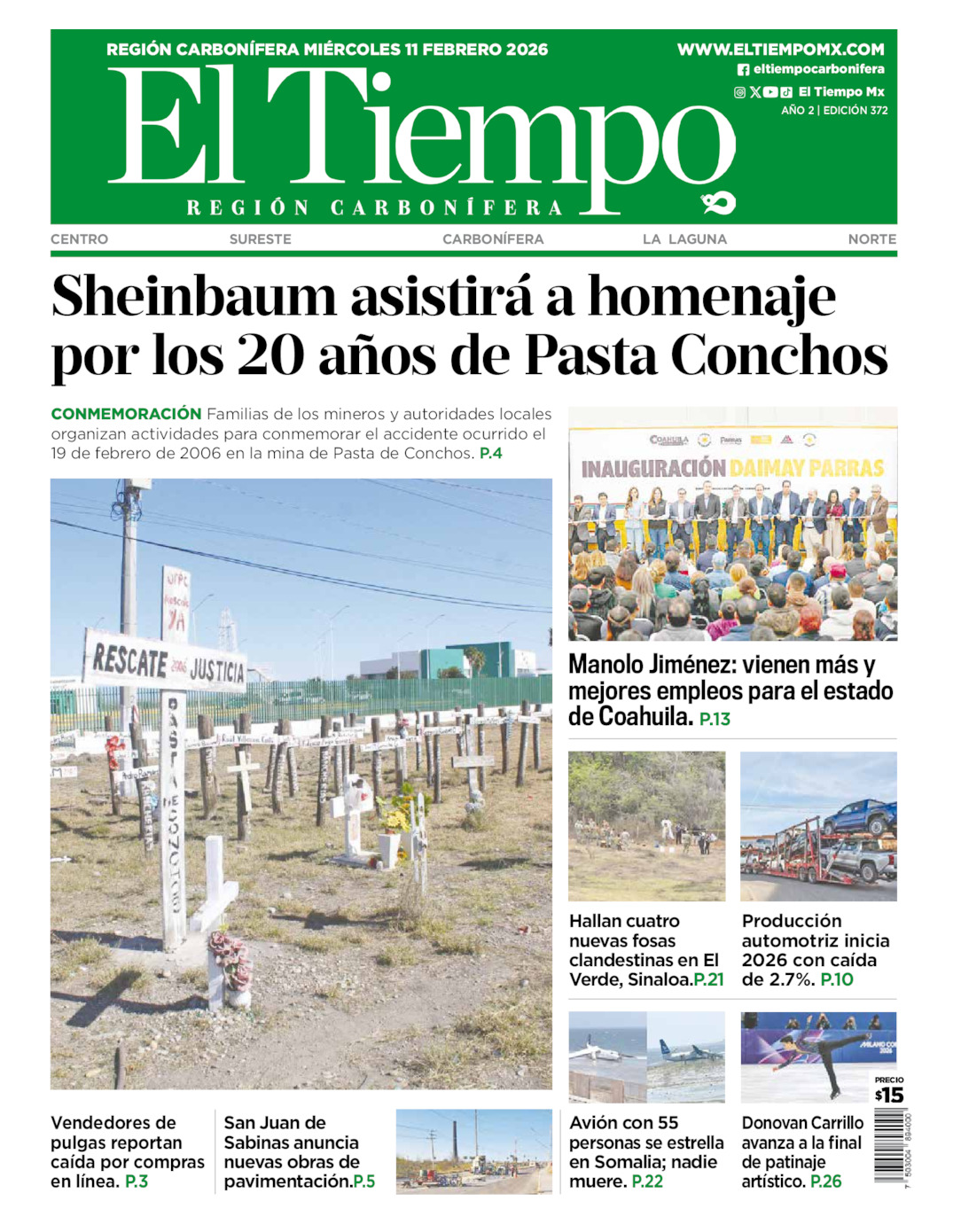 Edición impresa: Portada del miércoles 11 de febrero de 2026, El Tiempo región <strong>Carbonífera</strong>