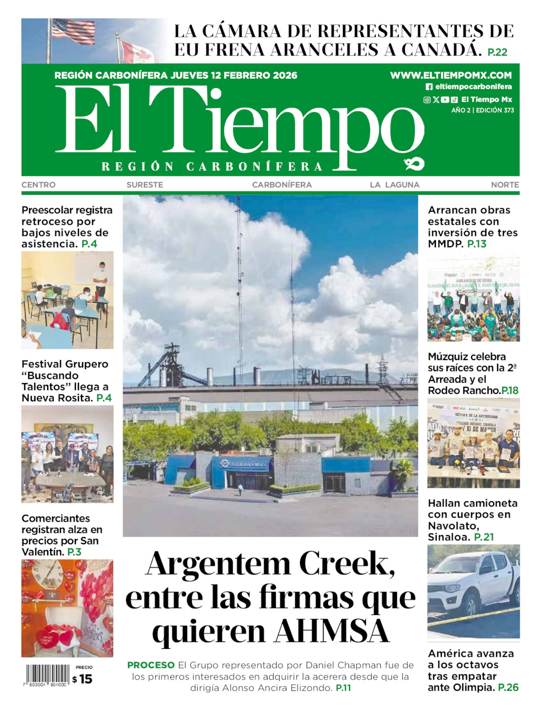 Edición impresa: Portada del jueves 12 de febrero de 2026, El Tiempo región <strong>Carbonífera</strong>