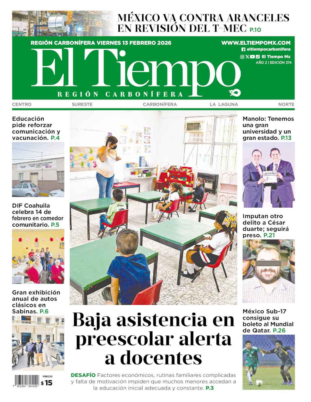 Edición impresa: Portada del viernes 13 de febrero de 2026, El Tiempo región <strong>Carbonífera</strong>