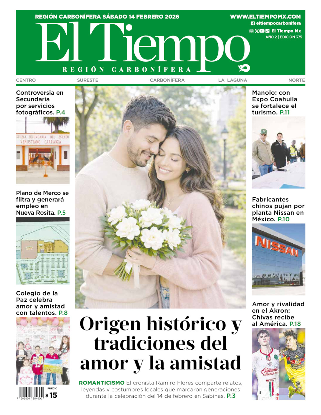 Edición impresa: Portada del sábado 14 de febrero de 2026, El Tiempo región <strong>Carbonífera</strong>