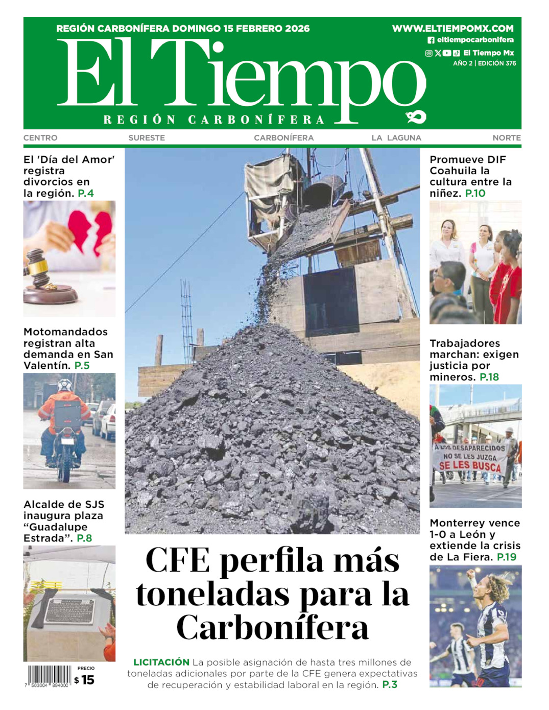 Edición impresa: Portada del domingo 15 de febrero de 2026, El Tiempo región <strong>Carbonífera</strong>