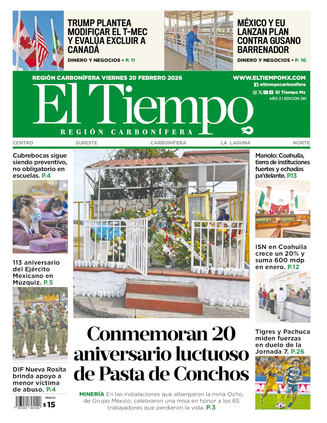 Edición impresa: Portada del viernes 20 de febrero de 2026, El Tiempo región <strong>Carbonífera</strong>