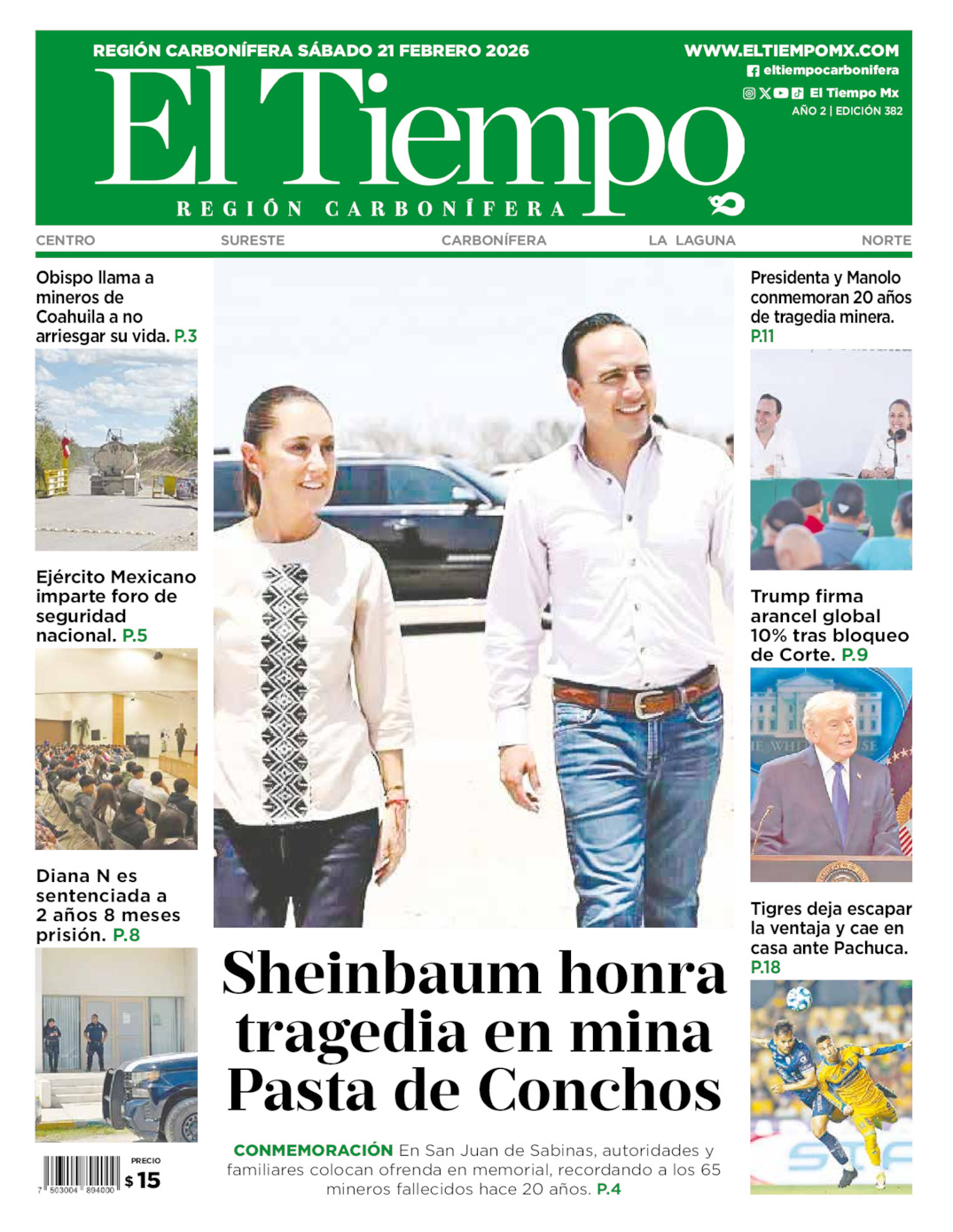 Edición impresa: Portada del sábado 21 de febrero de 2026, El Tiempo región <strong>Carbonífera</strong>
