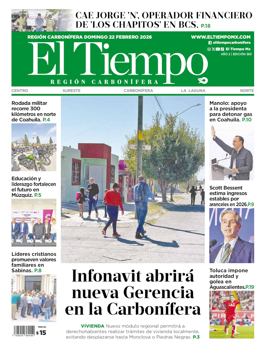 Edición impresa: Portada del domingo 22 de febrero de 2026, El Tiempo región <strong>Carbonífera</strong>
