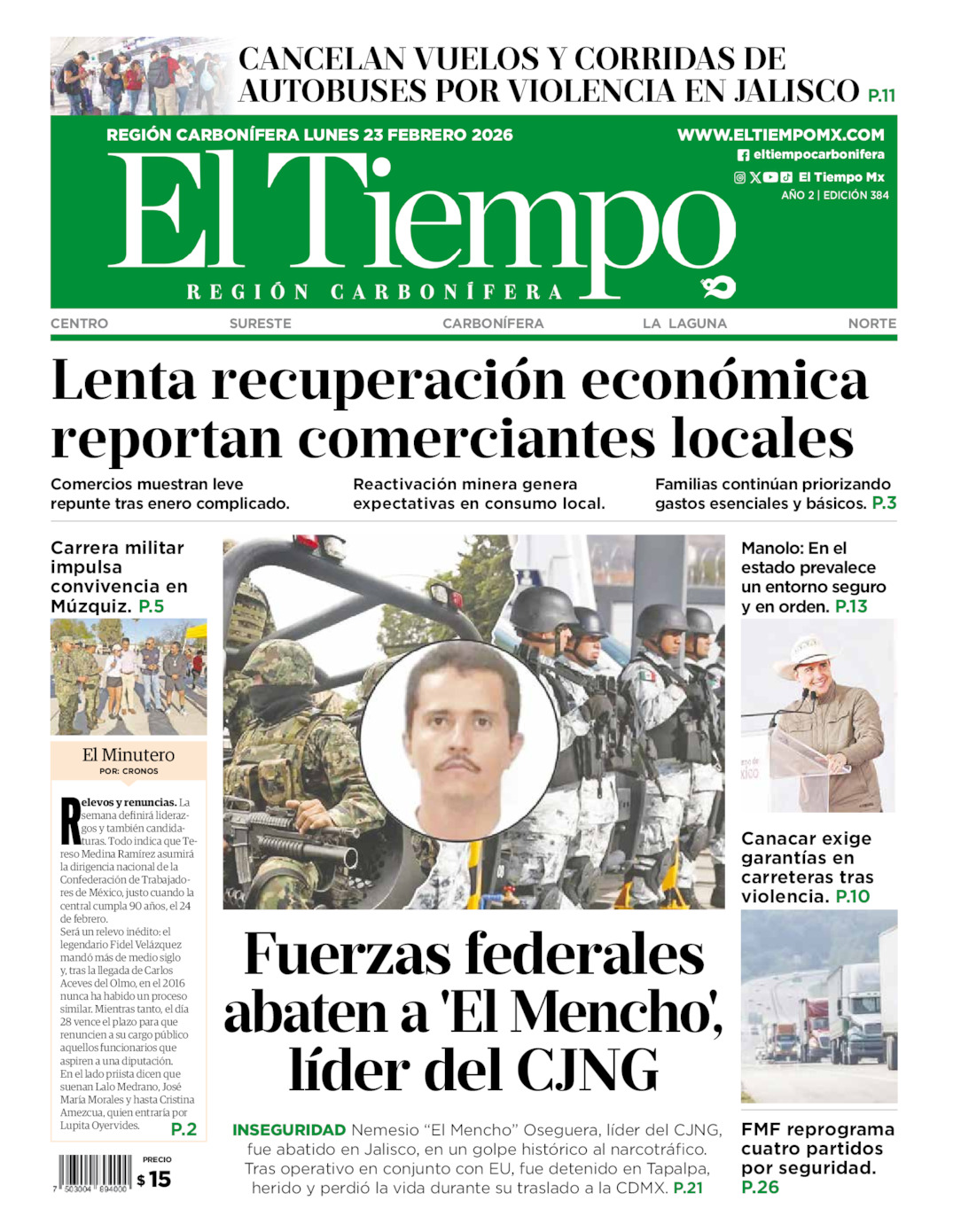 Edición impresa: Portada del lunes 23 de febrero de 2026, El Tiempo región <strong>Carbonífera</strong>