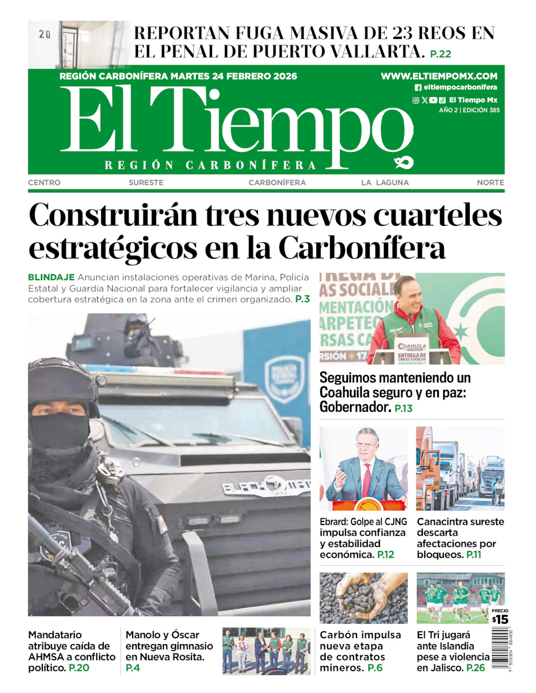 Edición impresa: Portada del martes 24 de febrero de 2026, El Tiempo región <strong>Carbonífera</strong>