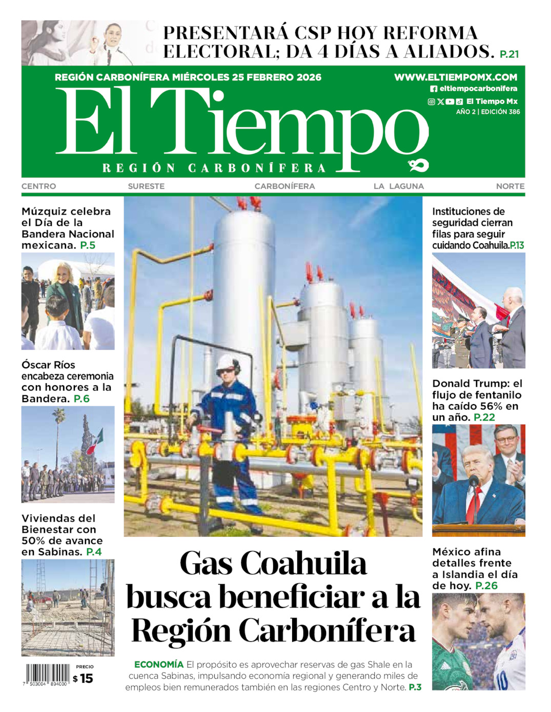 Edición impresa: Portada del miércoles 25 de febrero de 2026, El Tiempo región <strong>Carbonífera</strong>