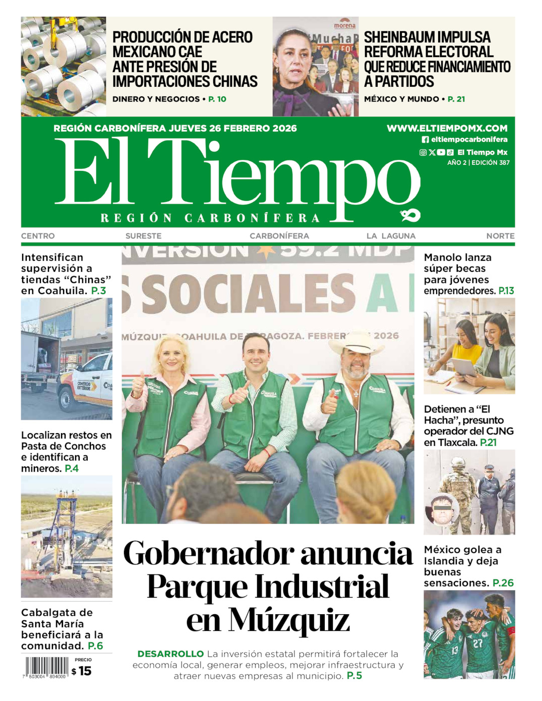 Edición impresa: Portada del jueves 26 de febrero de 2026, El Tiempo región <strong>Carbonífera</strong>