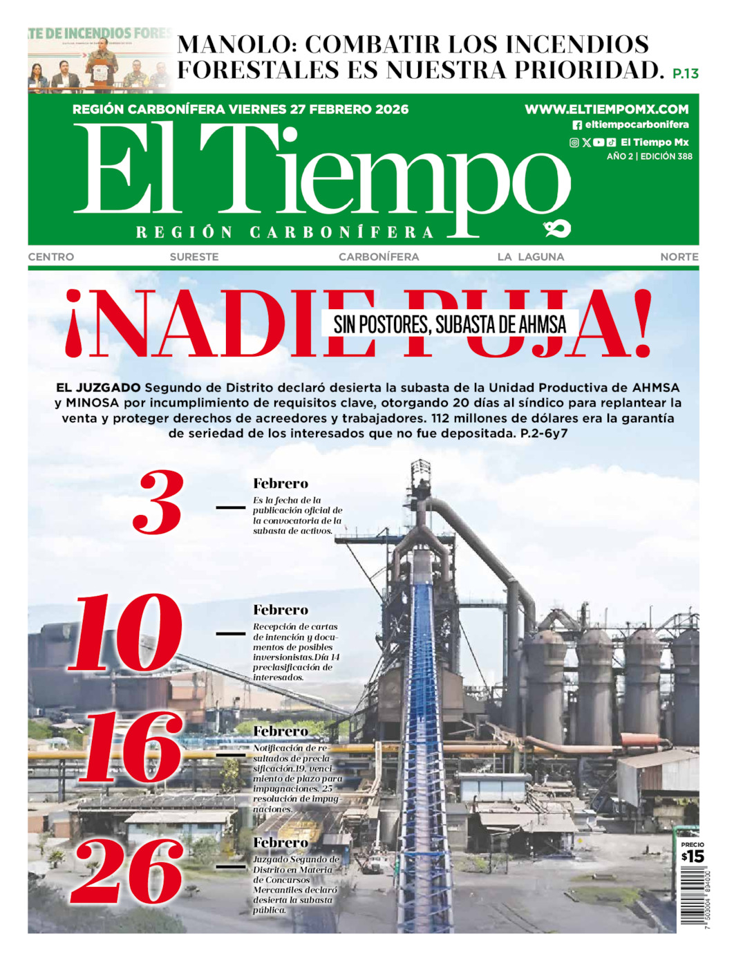 Edición impresa: Portada del viernes 27 de febrero de 2026, El Tiempo región <strong>Carbonífera</strong>