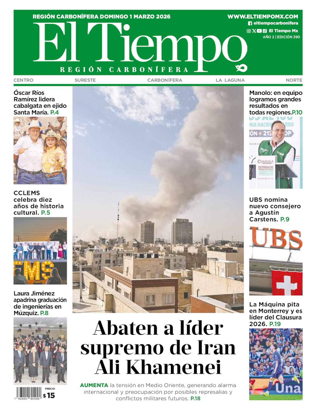 Edición impresa: Portada del domingo 01 de marzo de 2026, El Tiempo región <strong>Carbonífera</strong>