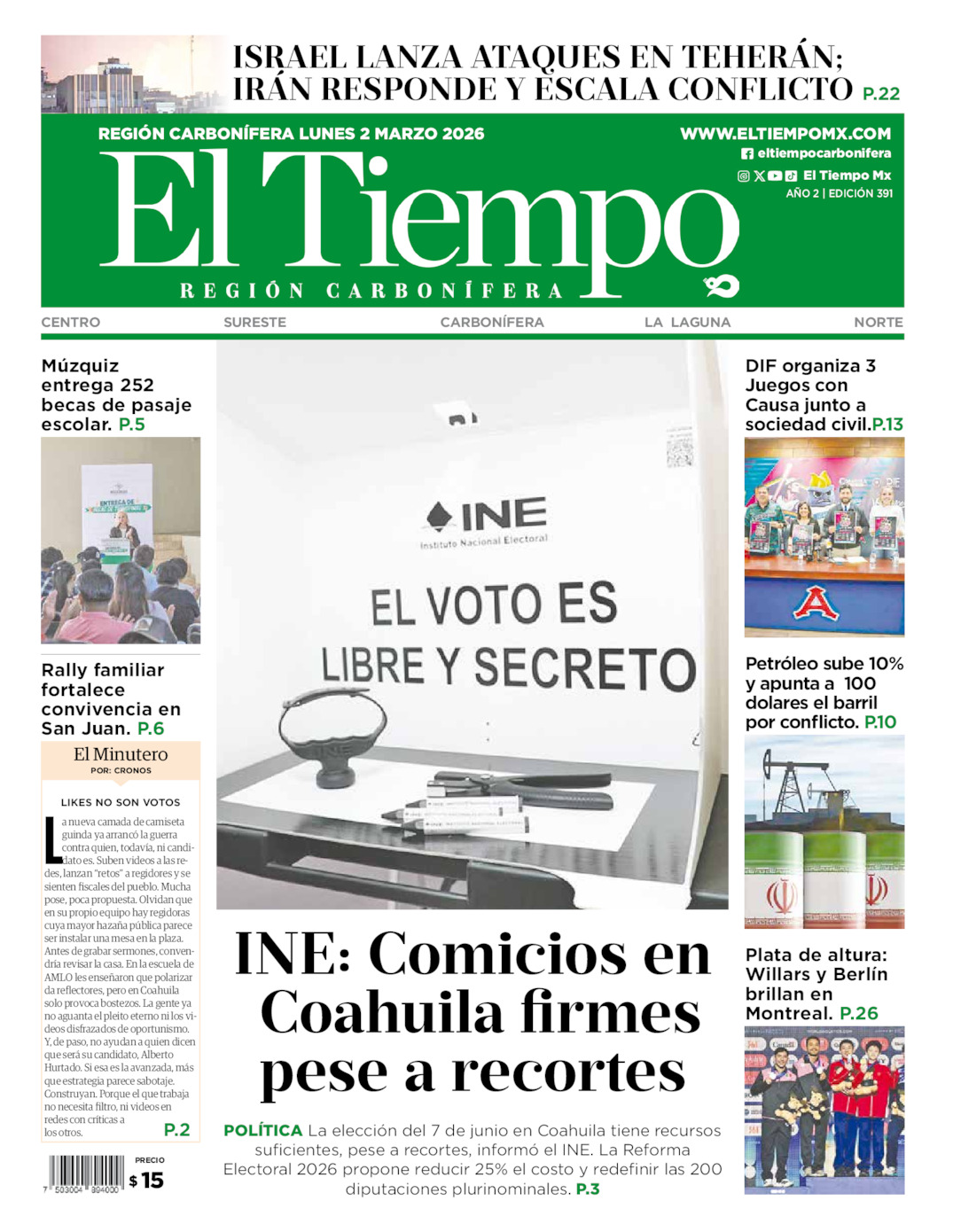Edición impresa: Portada del lunes 02 de marzo de 2026, El Tiempo región <strong>Carbonífera</strong>