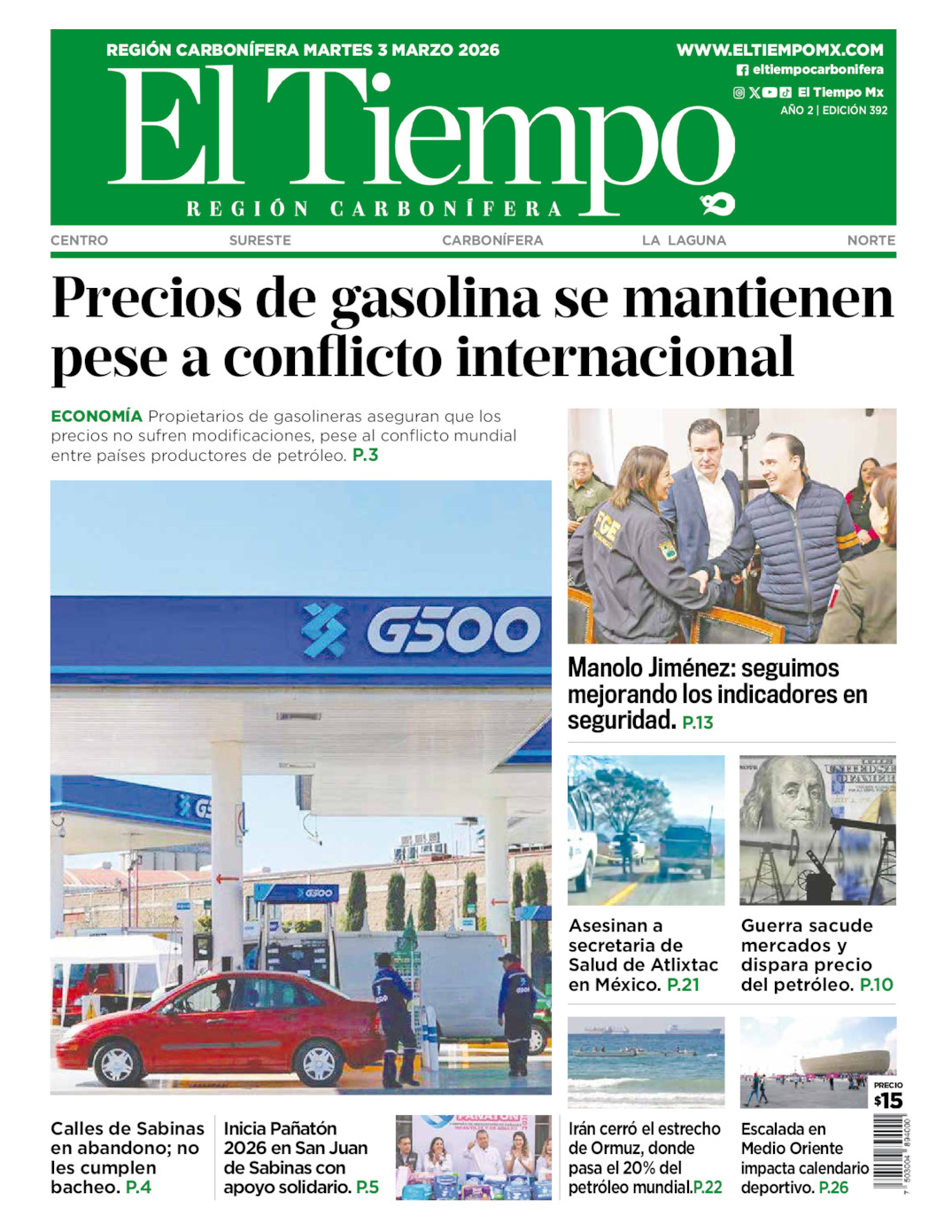 Edición impresa: Portada del martes 03 de marzo de 2026, El Tiempo región <strong>Carbonífera</strong>