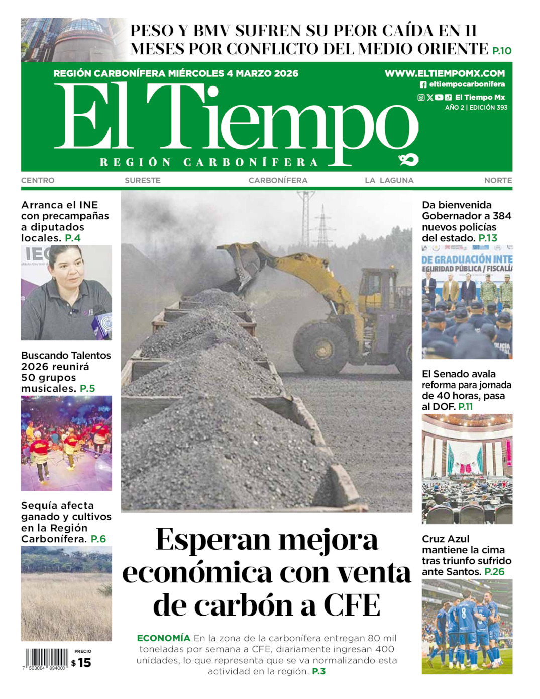 Edición impresa: Portada del miércoles 04 de marzo de 2026, El Tiempo región <strong>Carbonífera</strong>