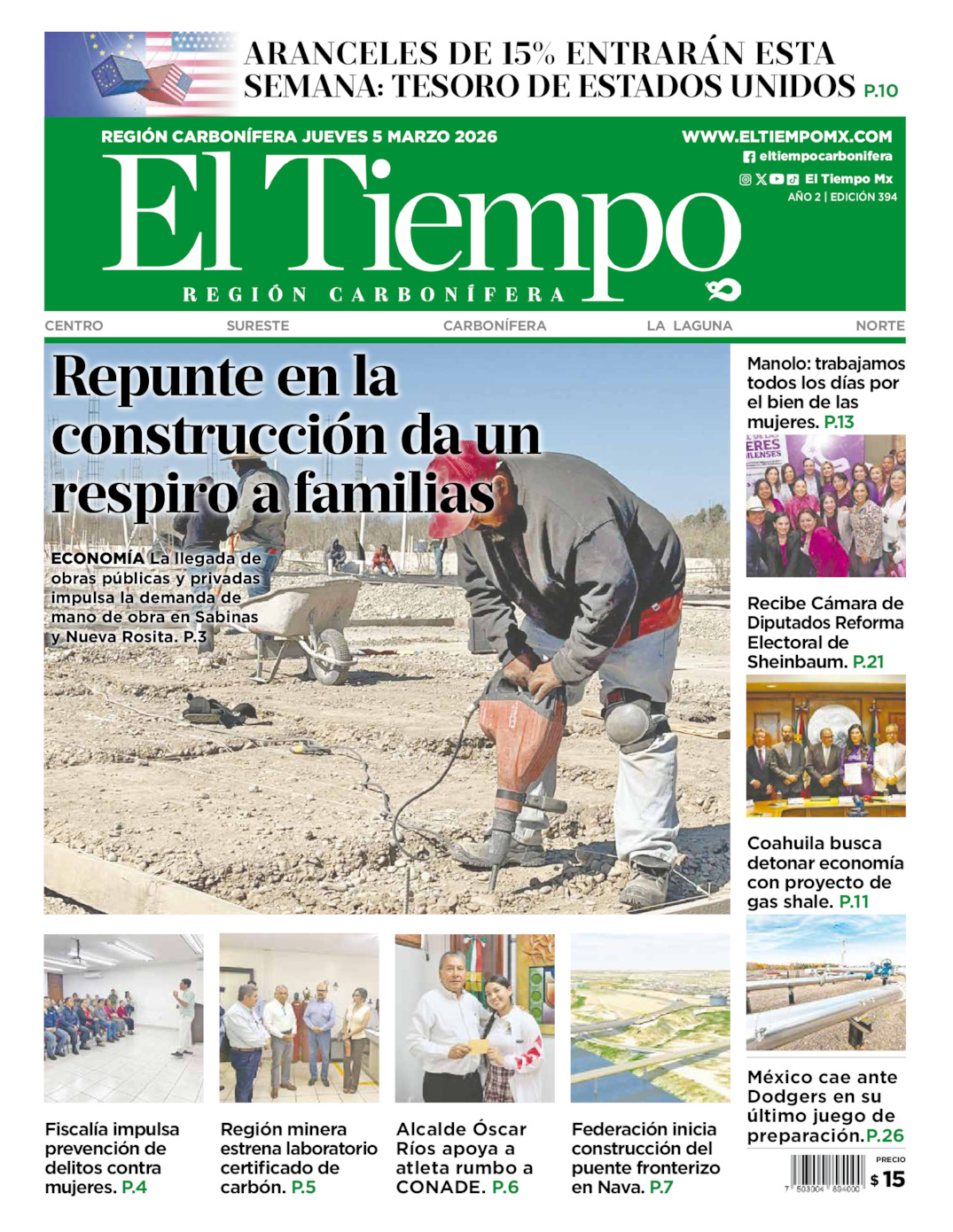 Edición impresa: Portada del jueves 05 de marzo de 2026, El Tiempo región <strong>Carbonífera</strong>
