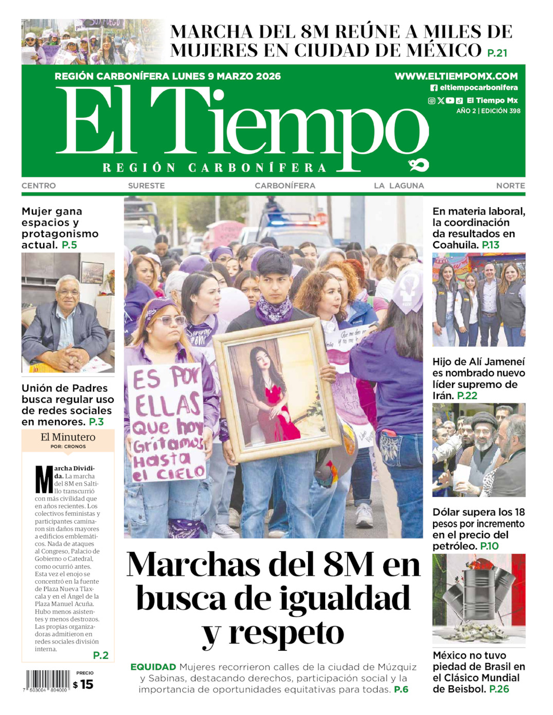 Edición impresa: Portada del lunes 09 de marzo de 2026, El Tiempo región <strong>Carbonífera</strong>