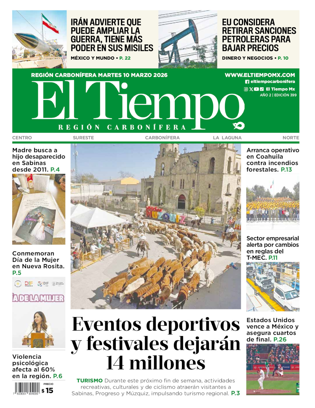 Edición impresa: Portada del martes 10 de marzo de 2026, El Tiempo región <strong>Carbonífera</strong>