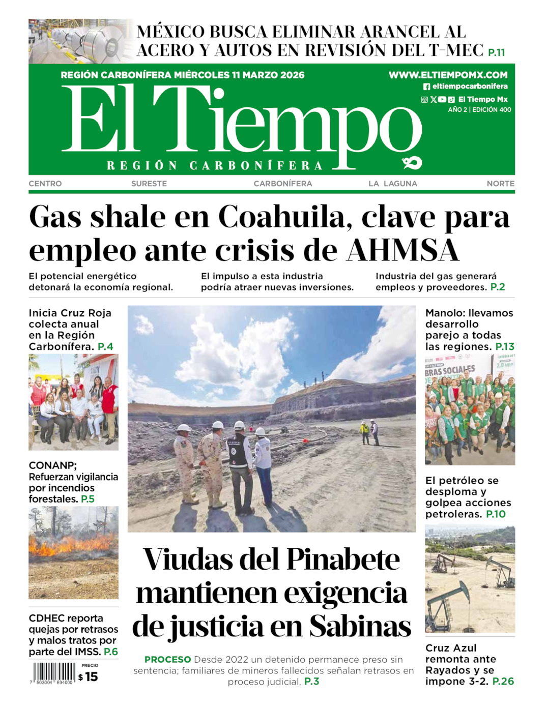 Edición impresa: Portada del miércoles 11 de marzo de 2026, El Tiempo región <strong>Carbonífera</strong>