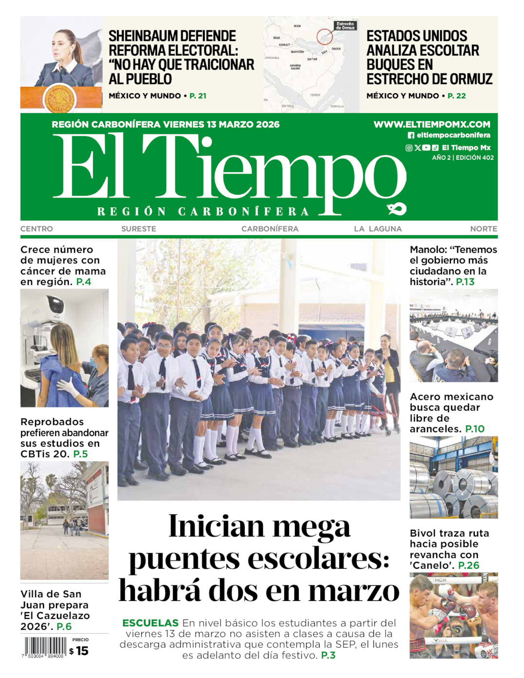 Edición impresa: Portada del viernes 13 de marzo de 2026, El Tiempo región <strong>Carbonífera</strong>