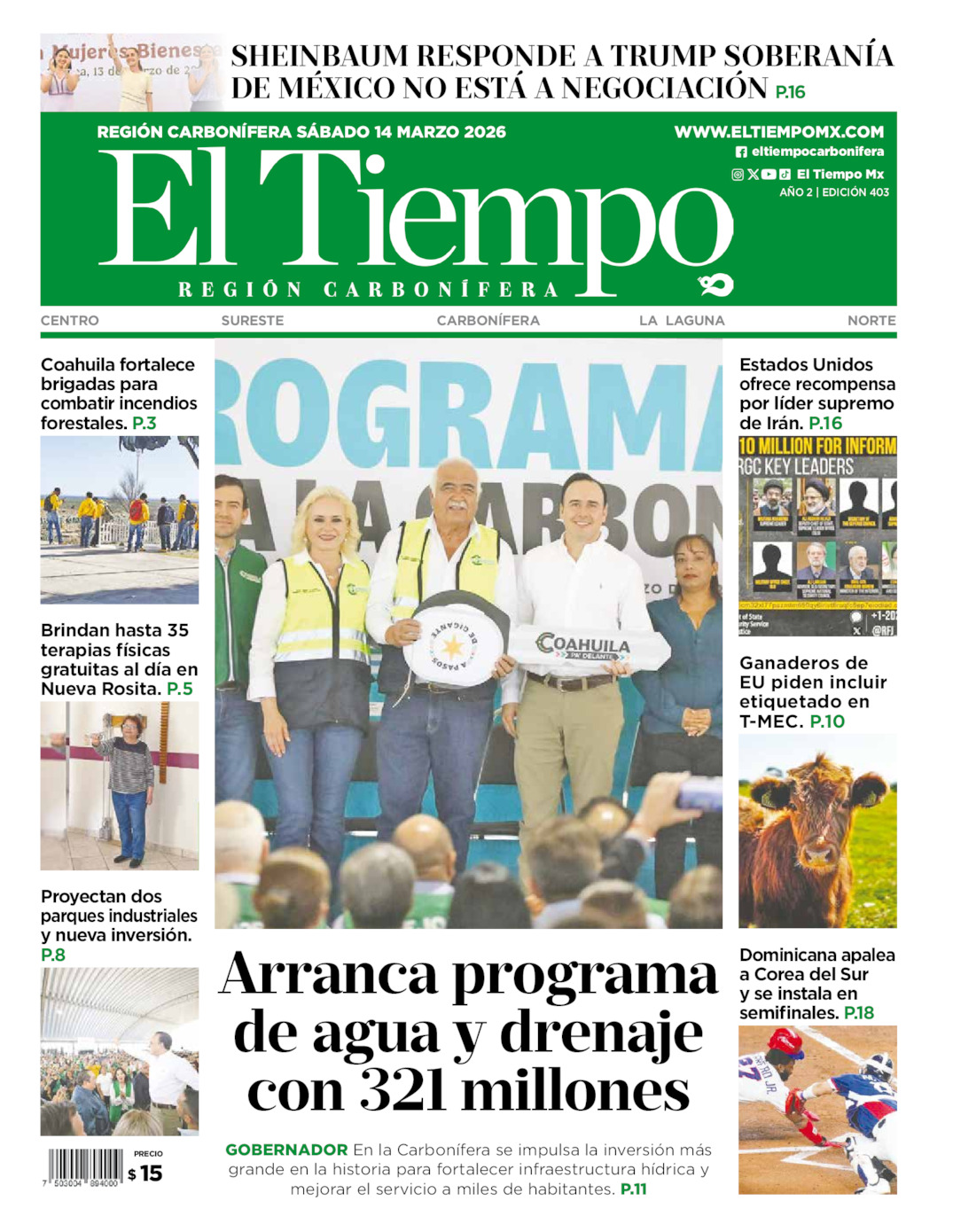 Edición impresa: Portada del sábado 14 de marzo de 2026, El Tiempo región <strong>Carbonífera</strong>
