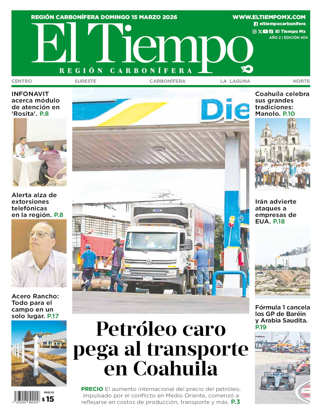 Edición impresa: Portada del domingo 15 de marzo de 2026, El Tiempo región <strong>Carbonífera</strong>